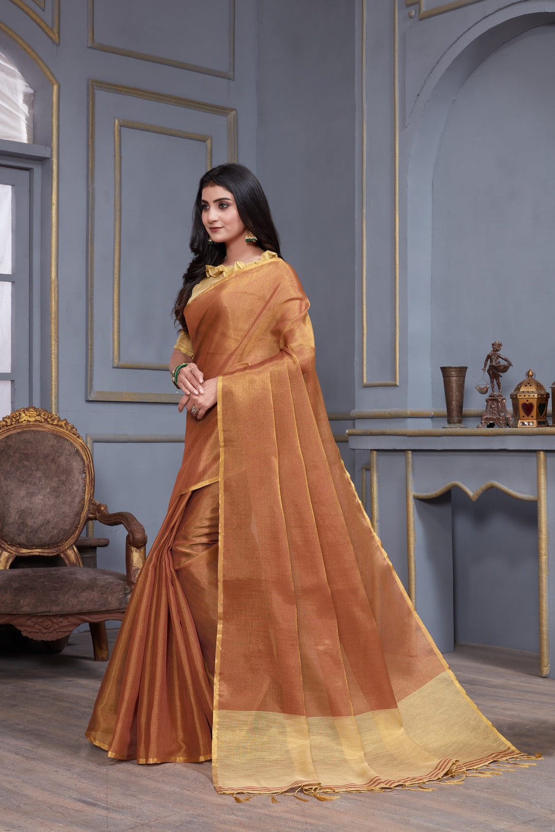 Dhiyona GR Women's Jheel Dusty Mauve & Gold Zari Woven Design Linen Jacquard Saree