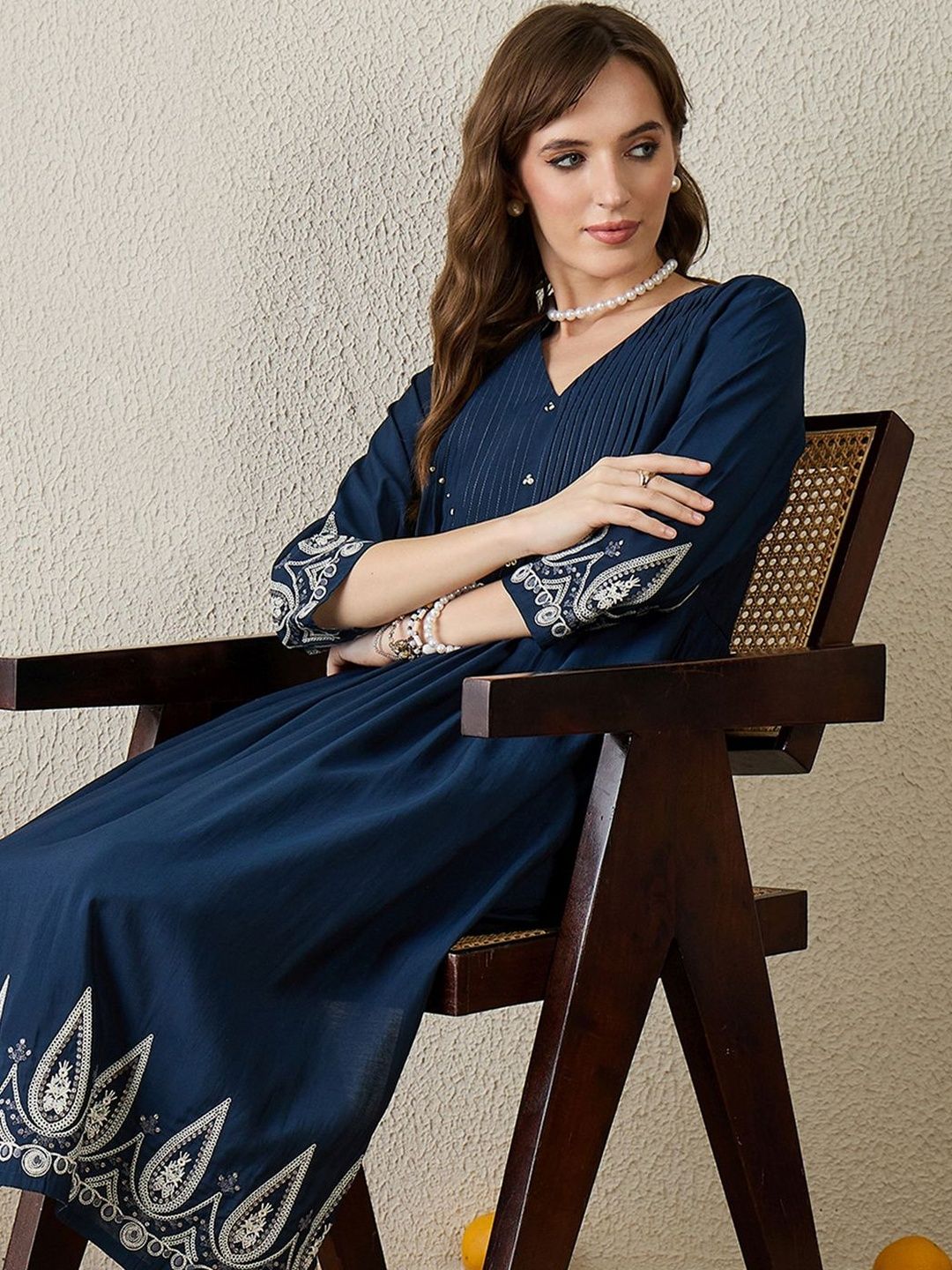 Floral Embroidered Pleated Kurta with Trousers