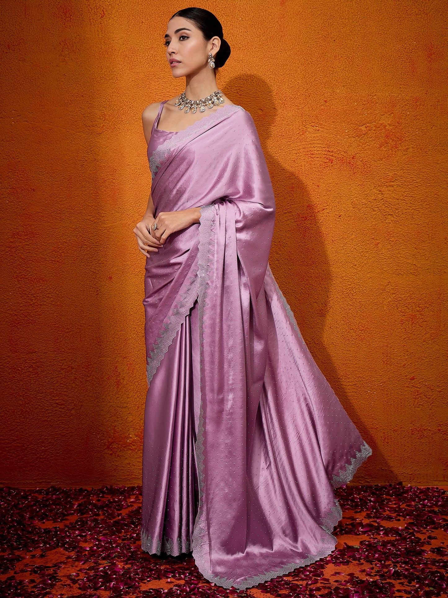 Women's Satin Silk Mauve Embellished Designer Saree With Blouse Piece