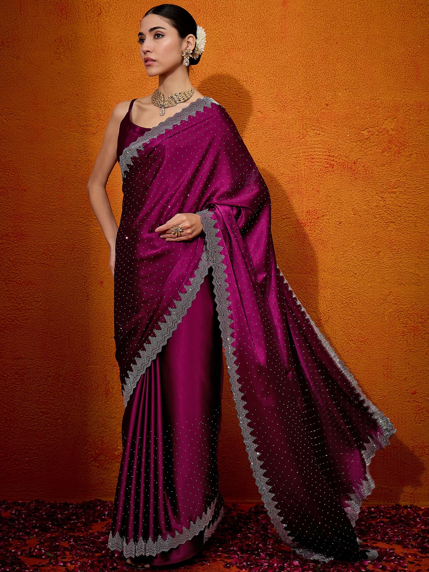 Women's Satin Silk Pink Embellished Designer Saree With Blouse Piece