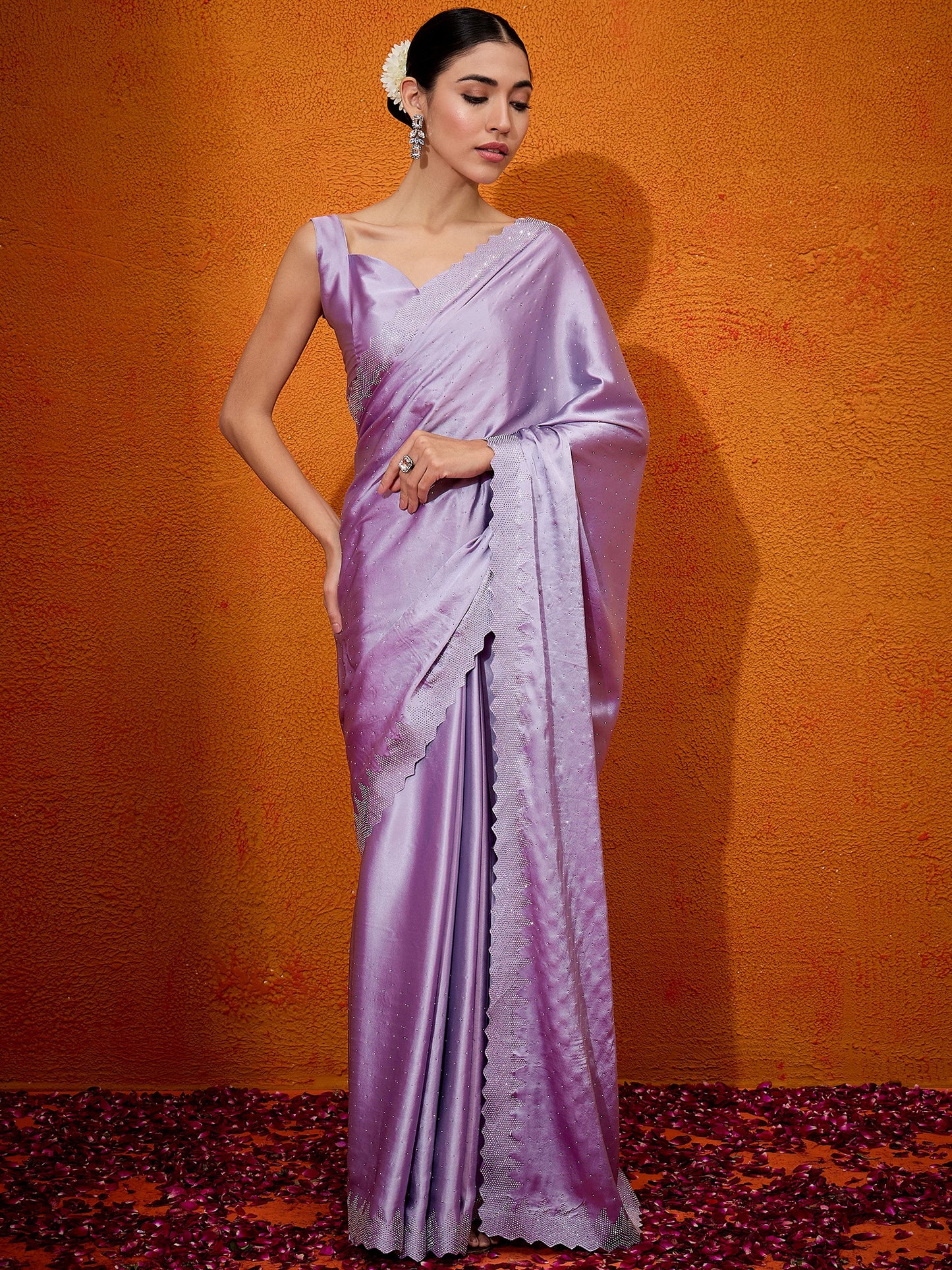 Women's Satin Silk Lavendar Embellished Designer Saree With Blouse Piece