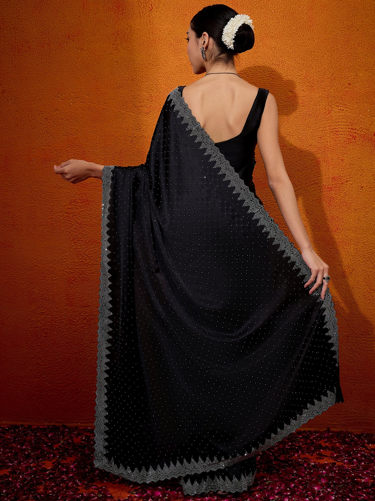 Women's Satin Silk Black Embellished Designer Saree With Blouse Piece