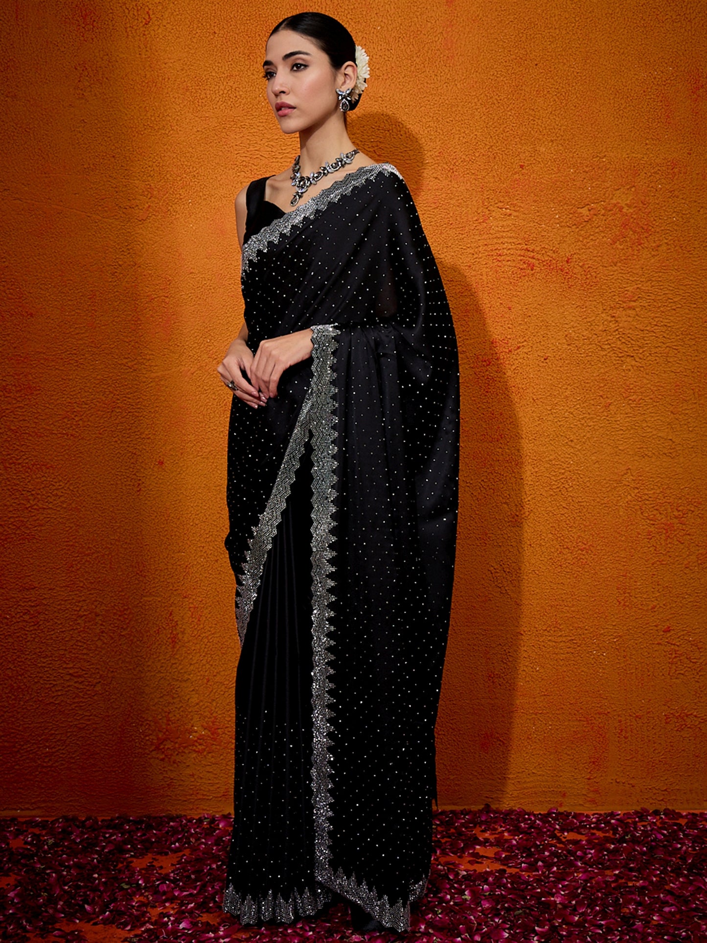 Women's Satin Silk Black Embellished Designer Saree With Blouse Piece