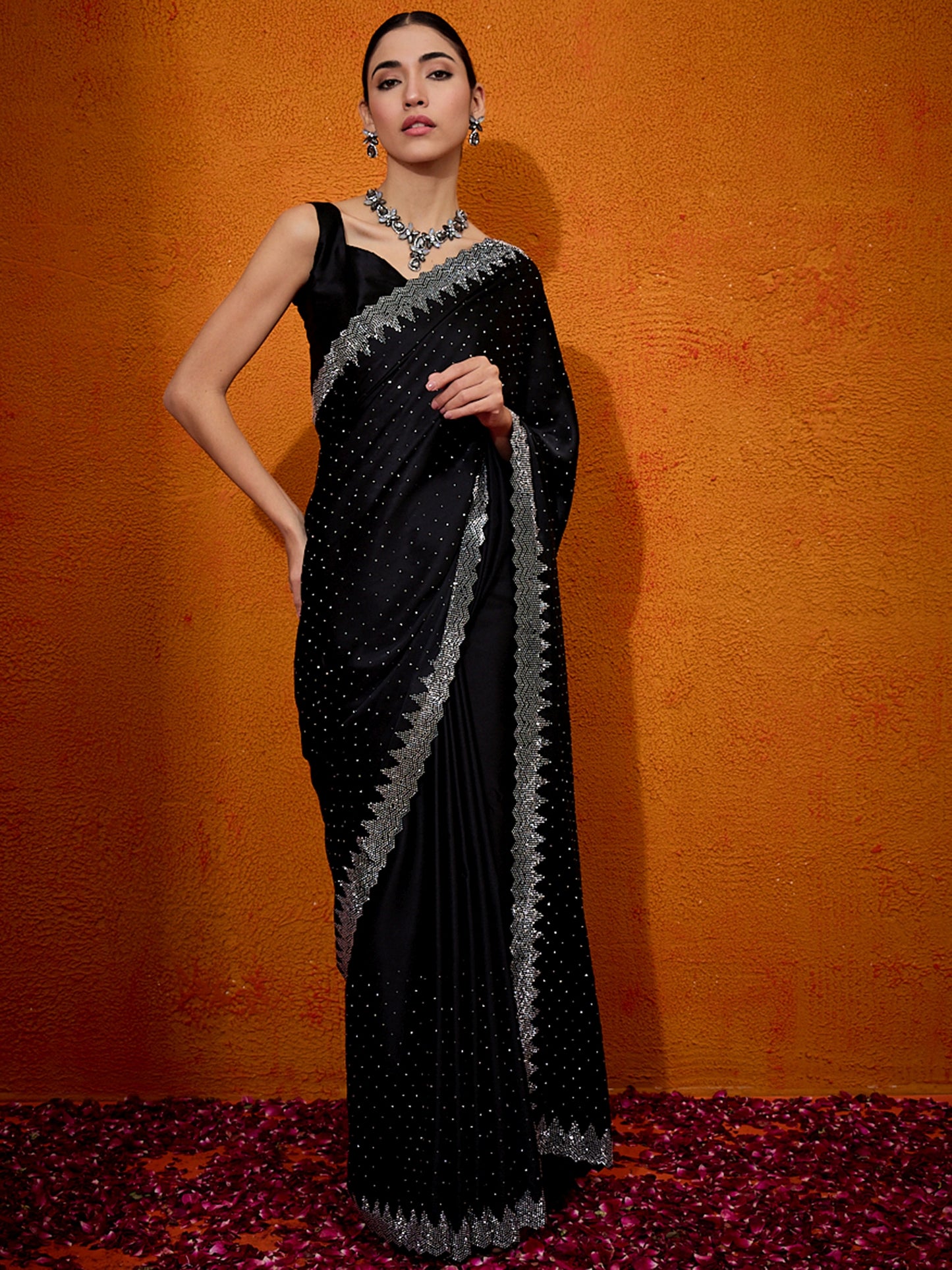 Women's Satin Silk Black Embellished Designer Saree With Blouse Piece