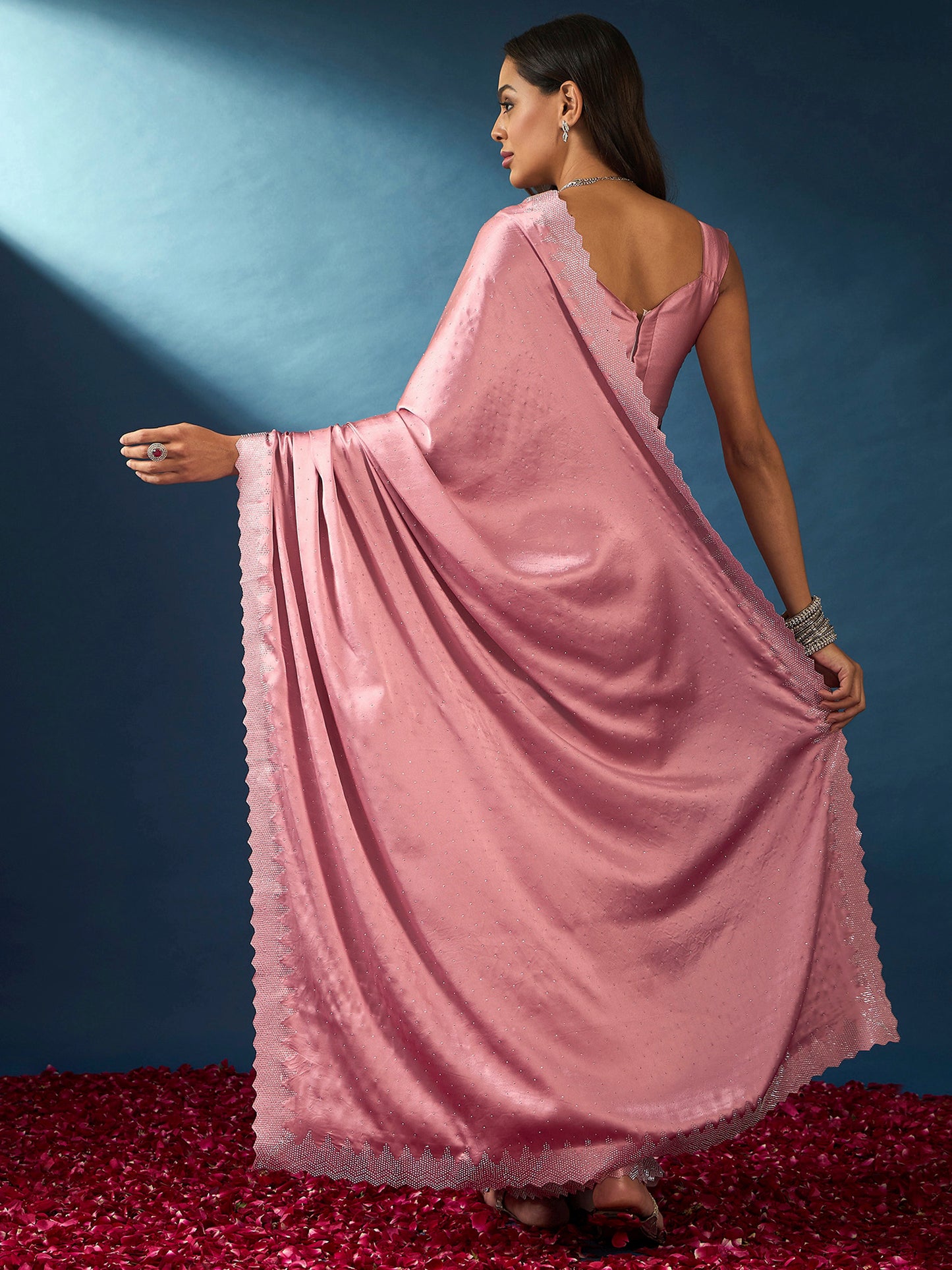 Women's Satin Silk Pink Embellished Designer Saree With Blouse Piece