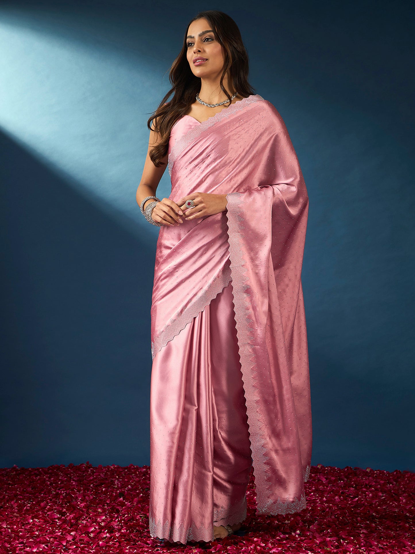 Women's Satin Silk Pink Embellished Designer Saree With Blouse Piece