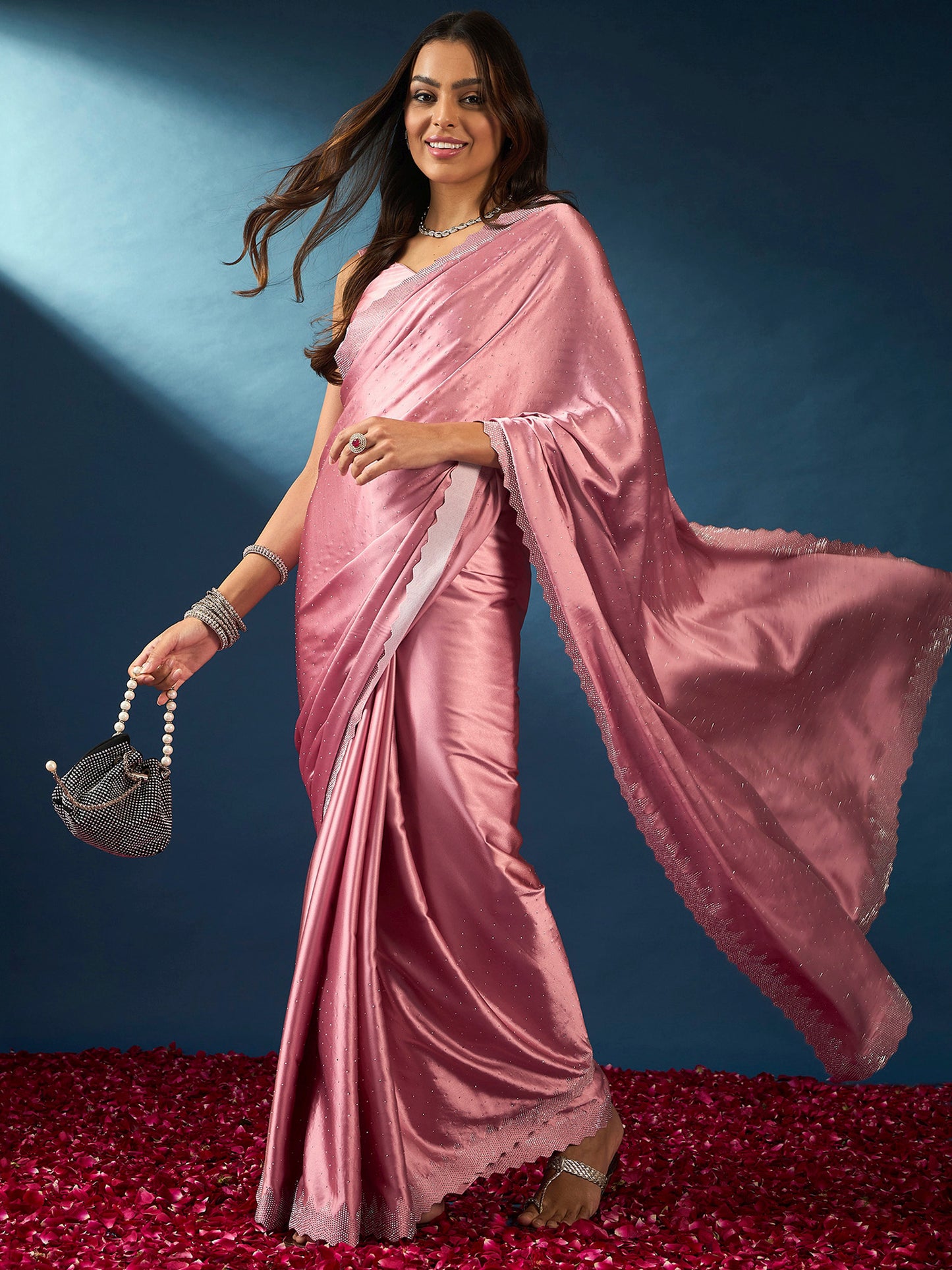 Women's Satin Silk Pink Embellished Designer Saree With Blouse Piece