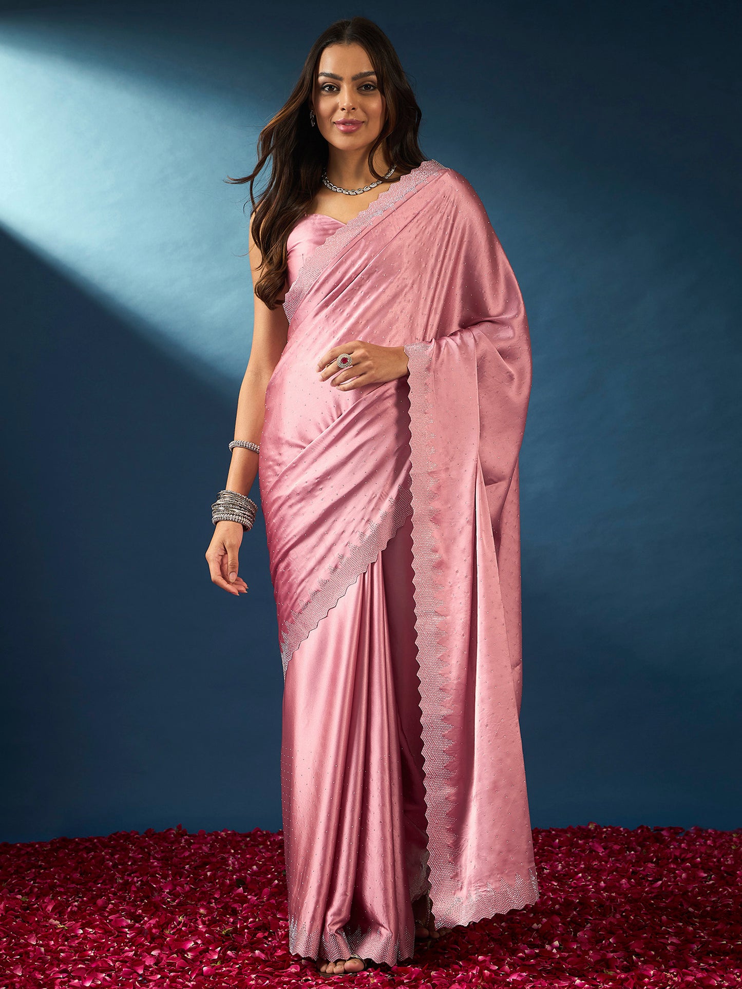 Women's Satin Silk Pink Embellished Designer Saree With Blouse Piece