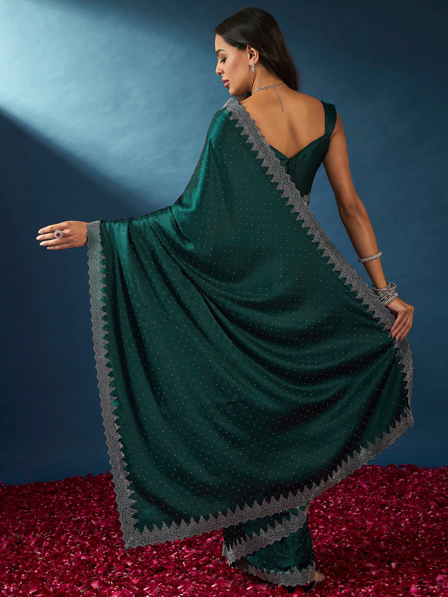 Women's Satin Silk Teal blue Embellished Designer Saree With Blouse Piece