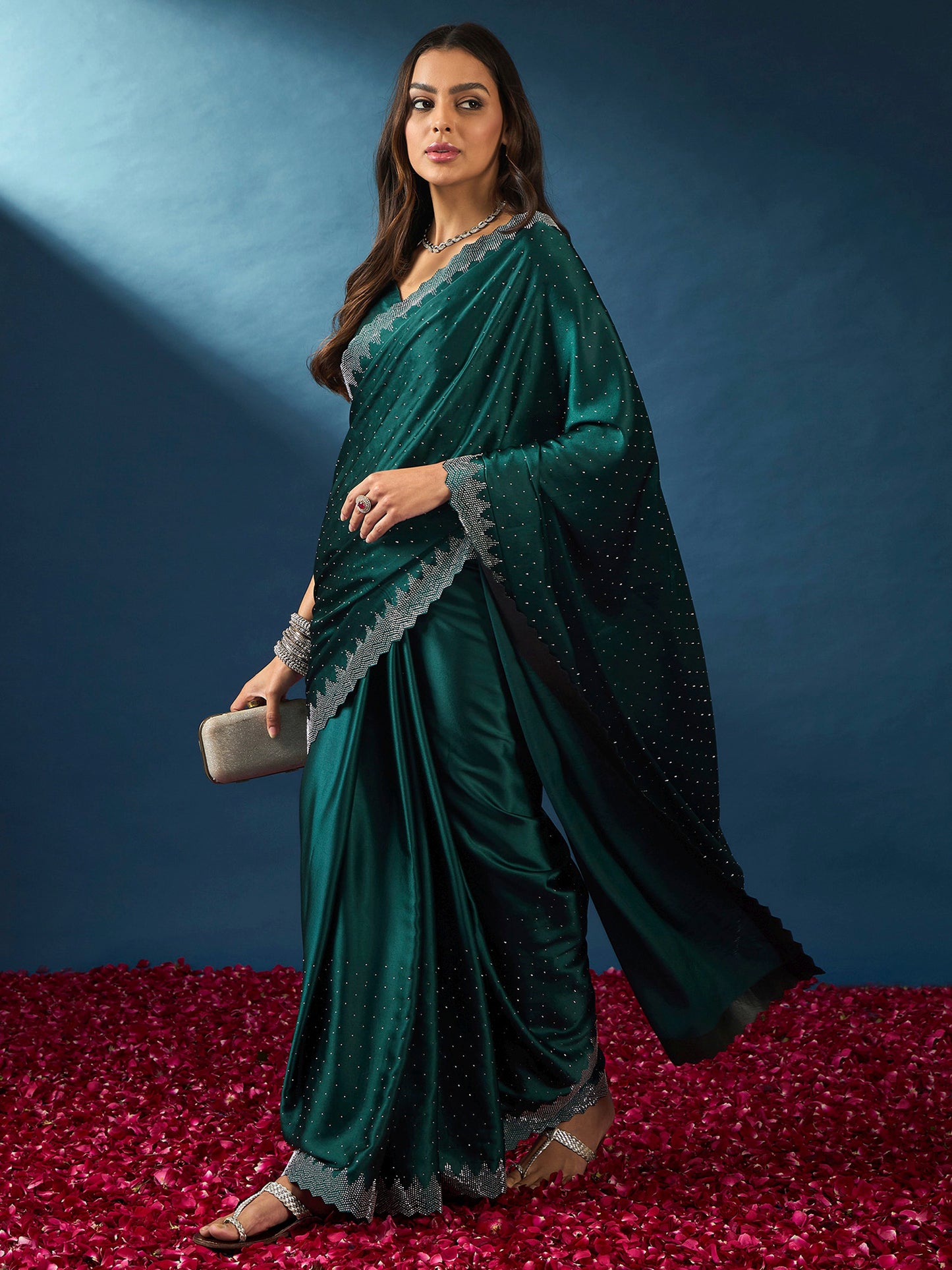 Women's Satin Silk Teal blue Embellished Designer Saree With Blouse Piece