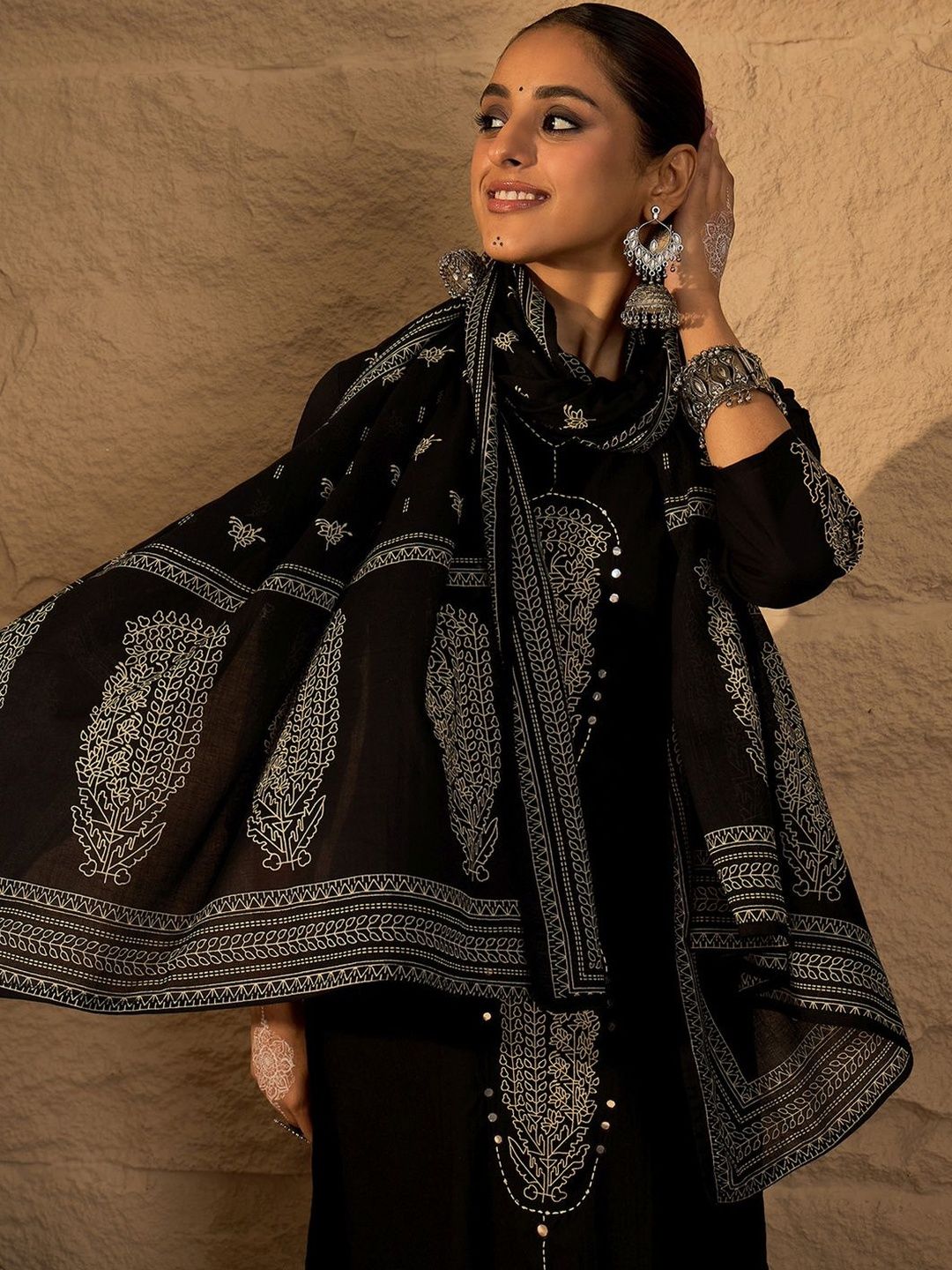 Women Ethnic Motifs Embroidered Cotton Kurta with Trousers & Dupatta