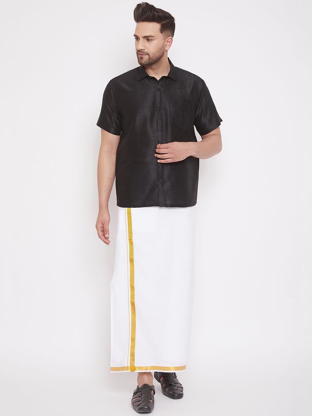 Men's Black Silk Blend Straight Ethnic Shirt