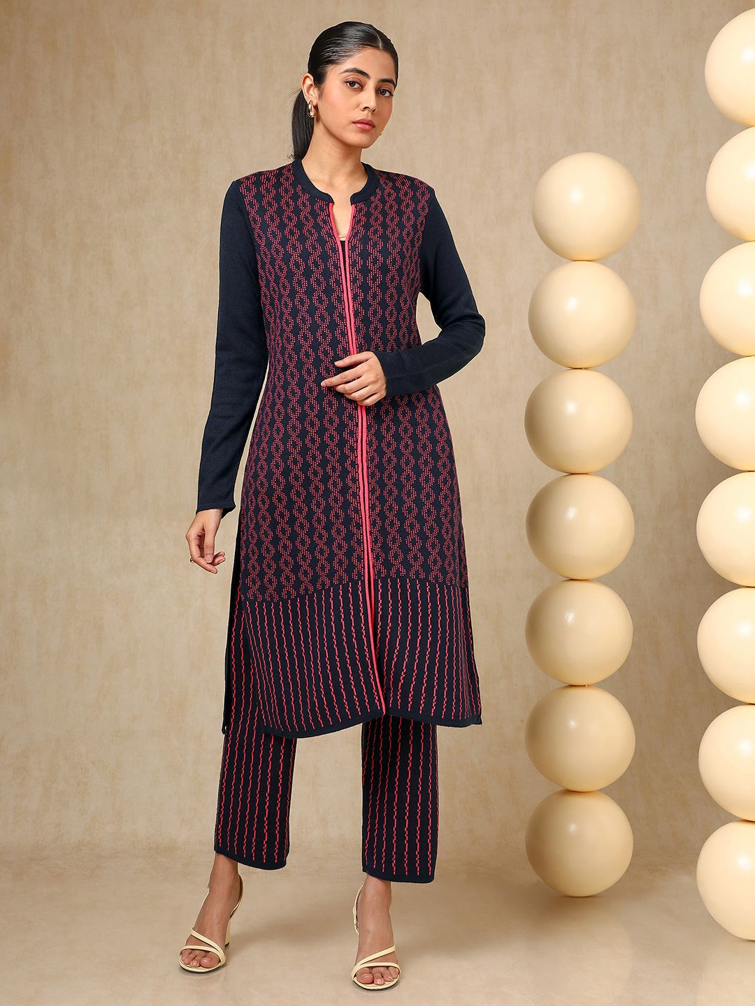 Dhiyona SO Women's Navy Blue Geometric Woven Design Mandarin Collar Acrylic Straight Kurta With Trouser