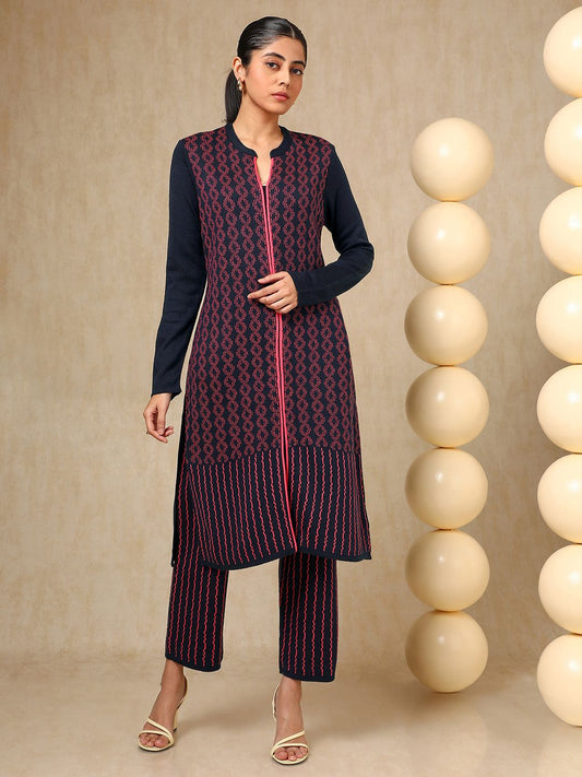 Dhiyona SO Women's Navy Blue Geometric Woven Design Mandarin Collar Acrylic Straight Kurta With Trouser