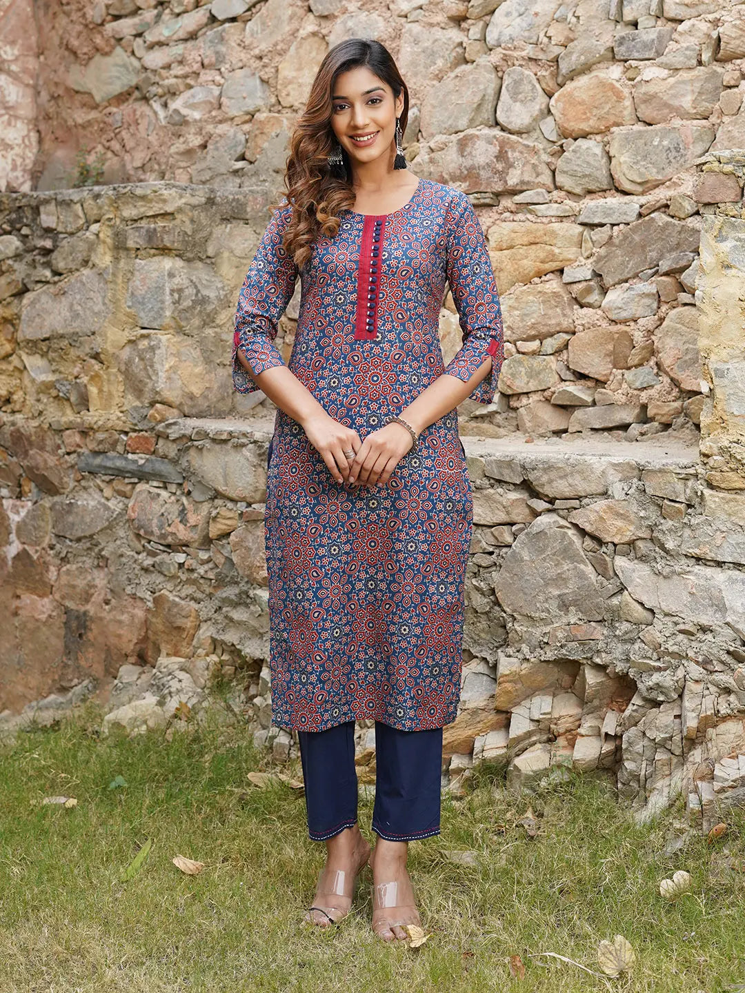 Women Blue And Rust Printed A-Line Kurta Pant Set