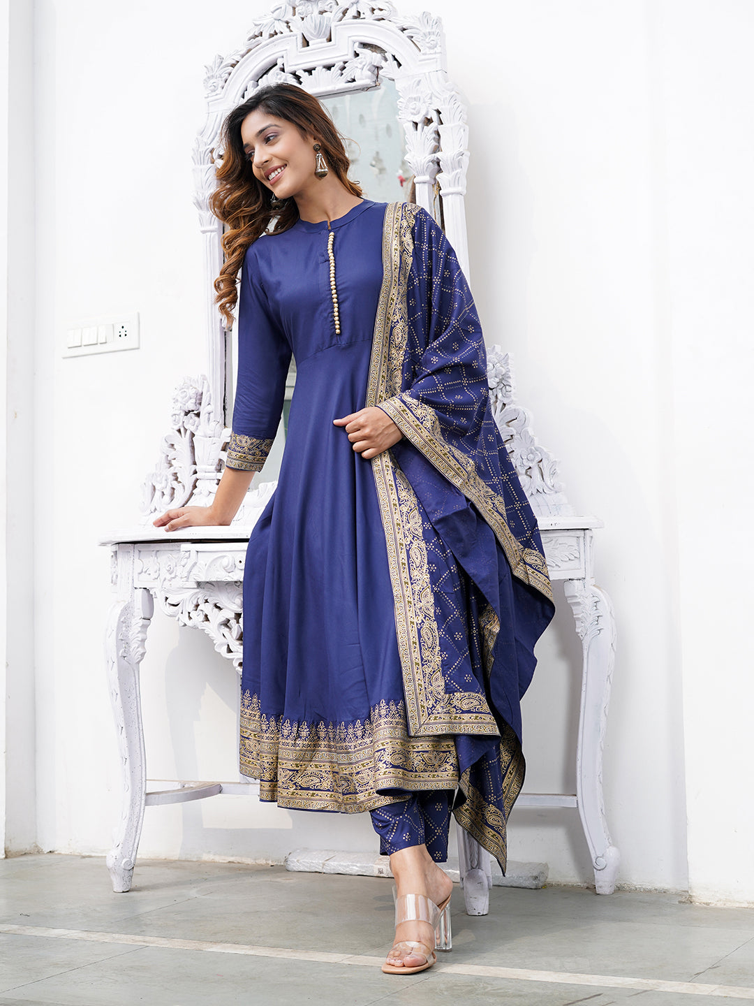 Blue Mandarin Collar Ethnic Motifs Printed Regular Kurta with Trousers & With Dupatta Set