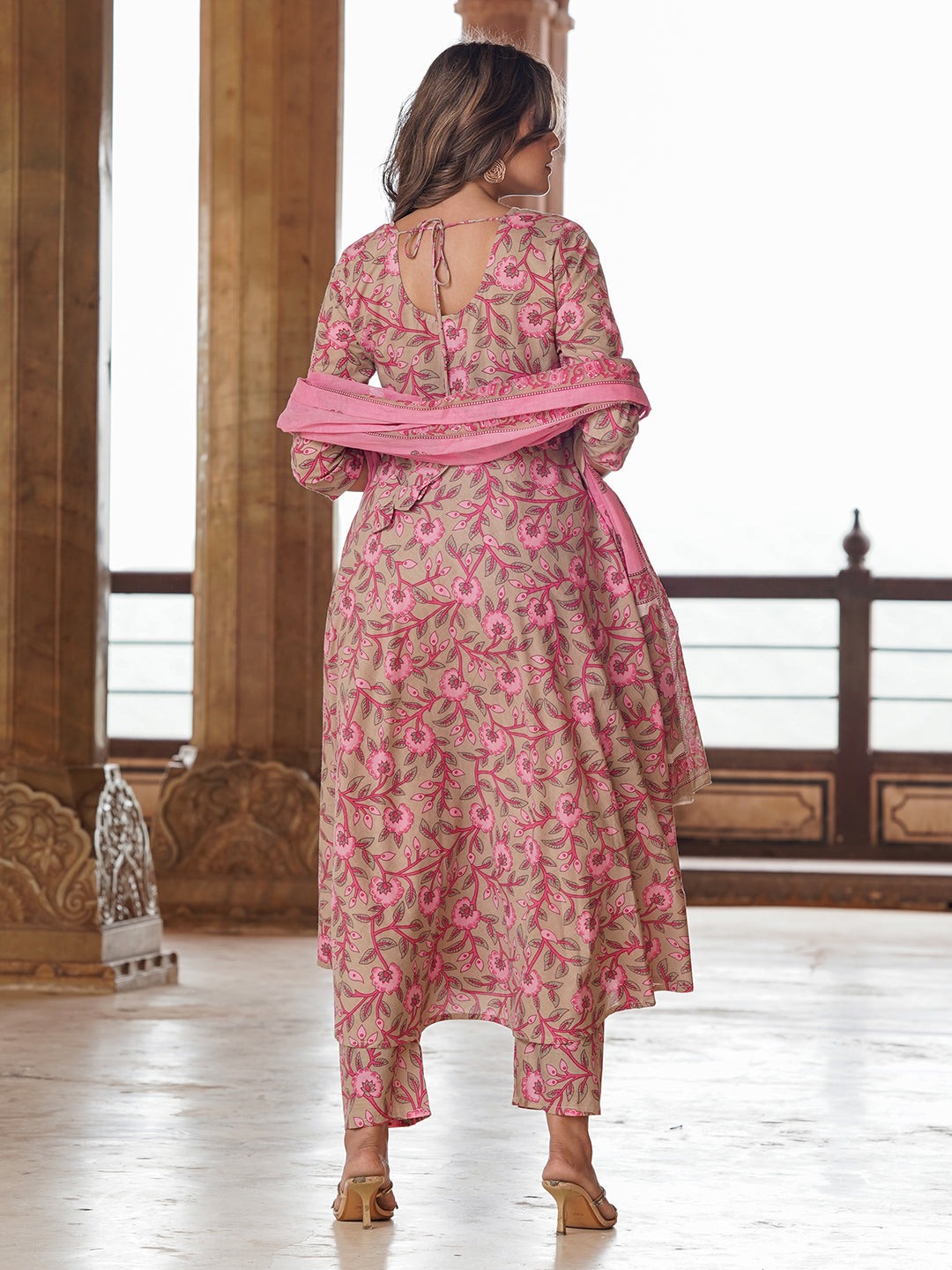 Women Cream Floral Anarkali Kurta Pant and Dupatta Set