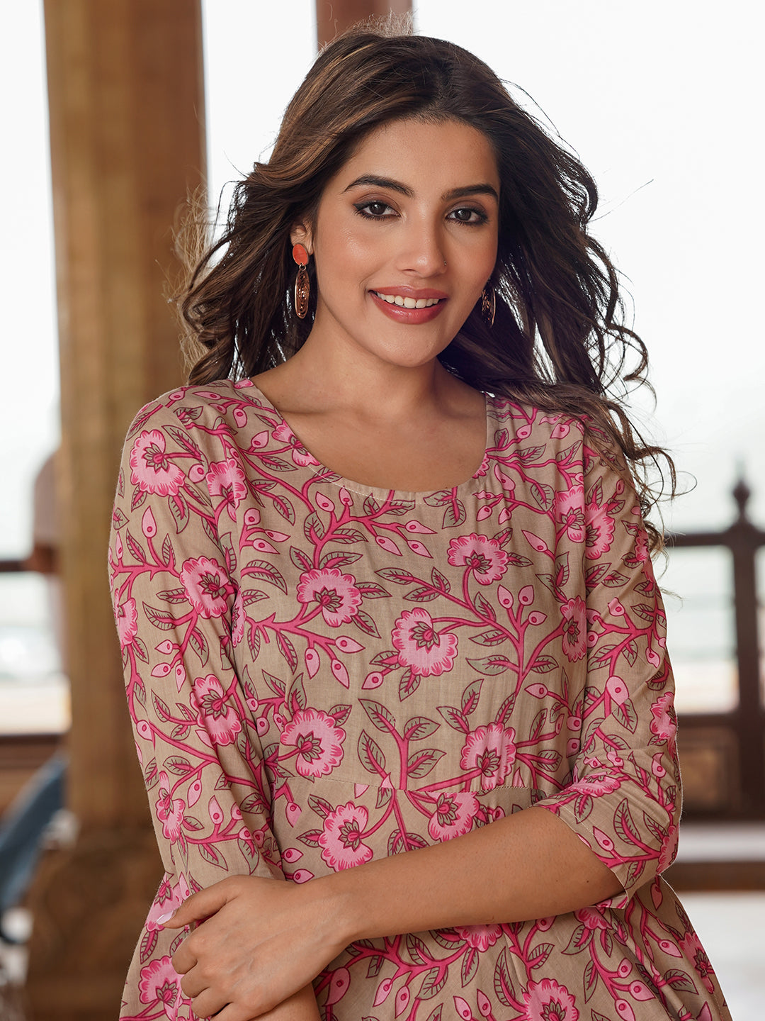 Women Cream Floral Anarkali Kurta Pant and Dupatta Set