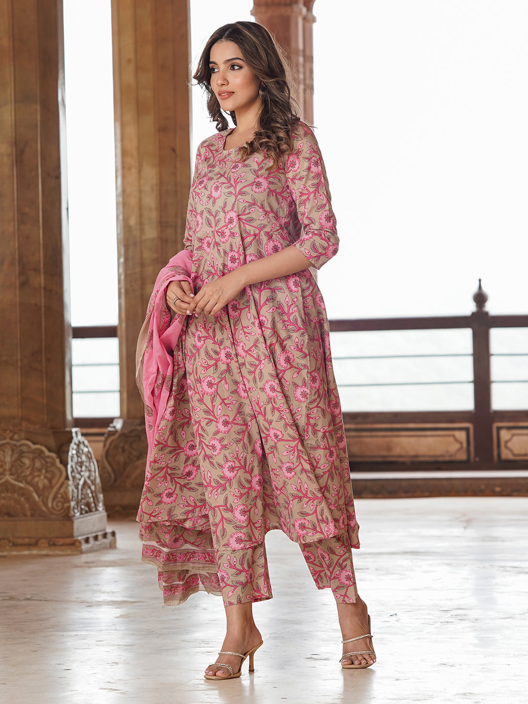 Women Cream Floral Anarkali Kurta Pant and Dupatta Set