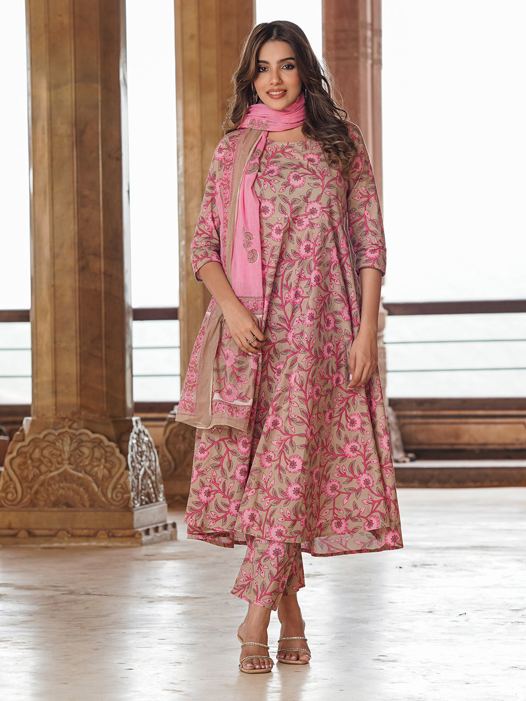 Women Cream Floral Anarkali Kurta Pant and Dupatta Set