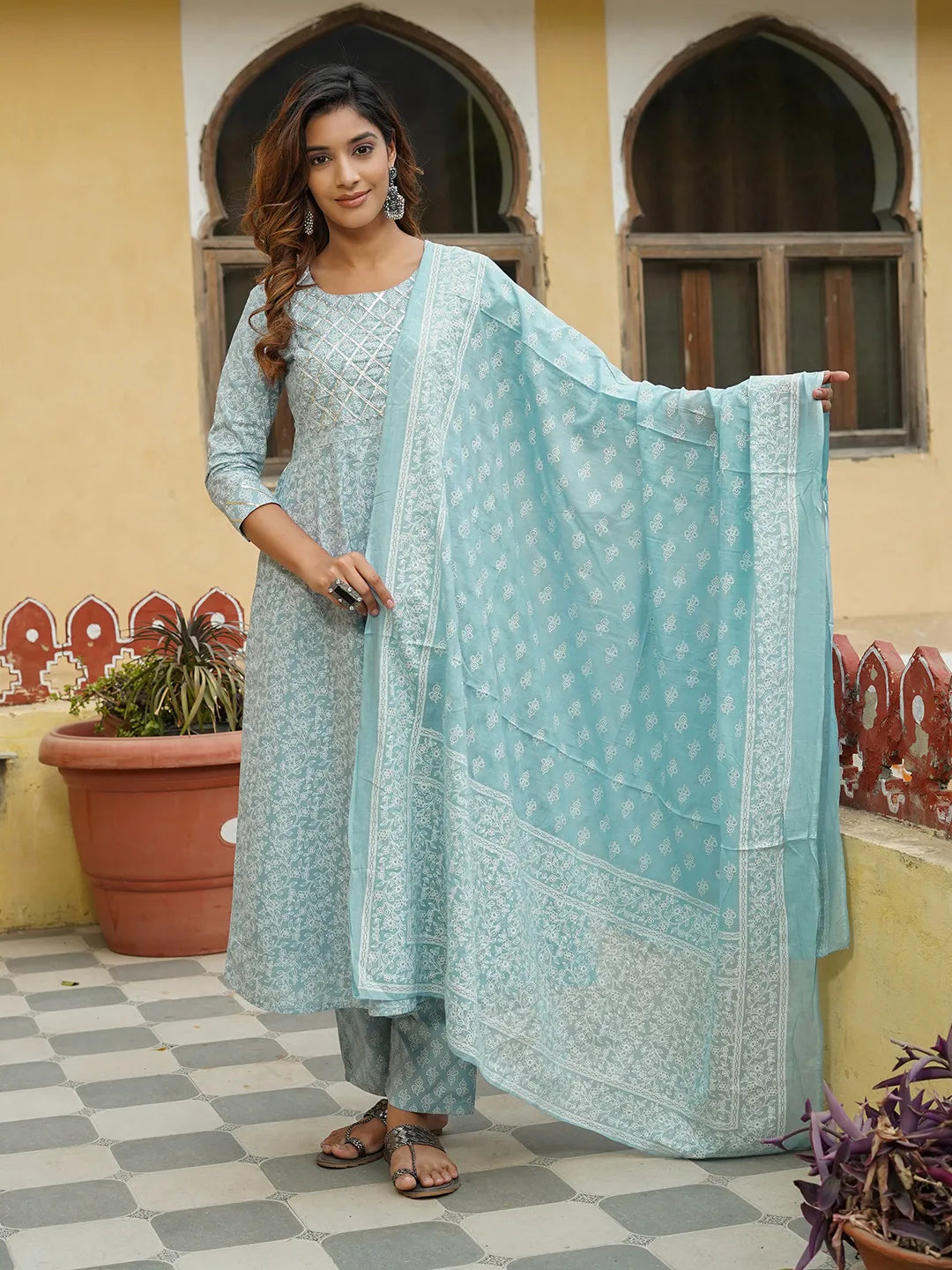 Women Light Blue Floral Anarkali Kurta Pant and Dupatta Set