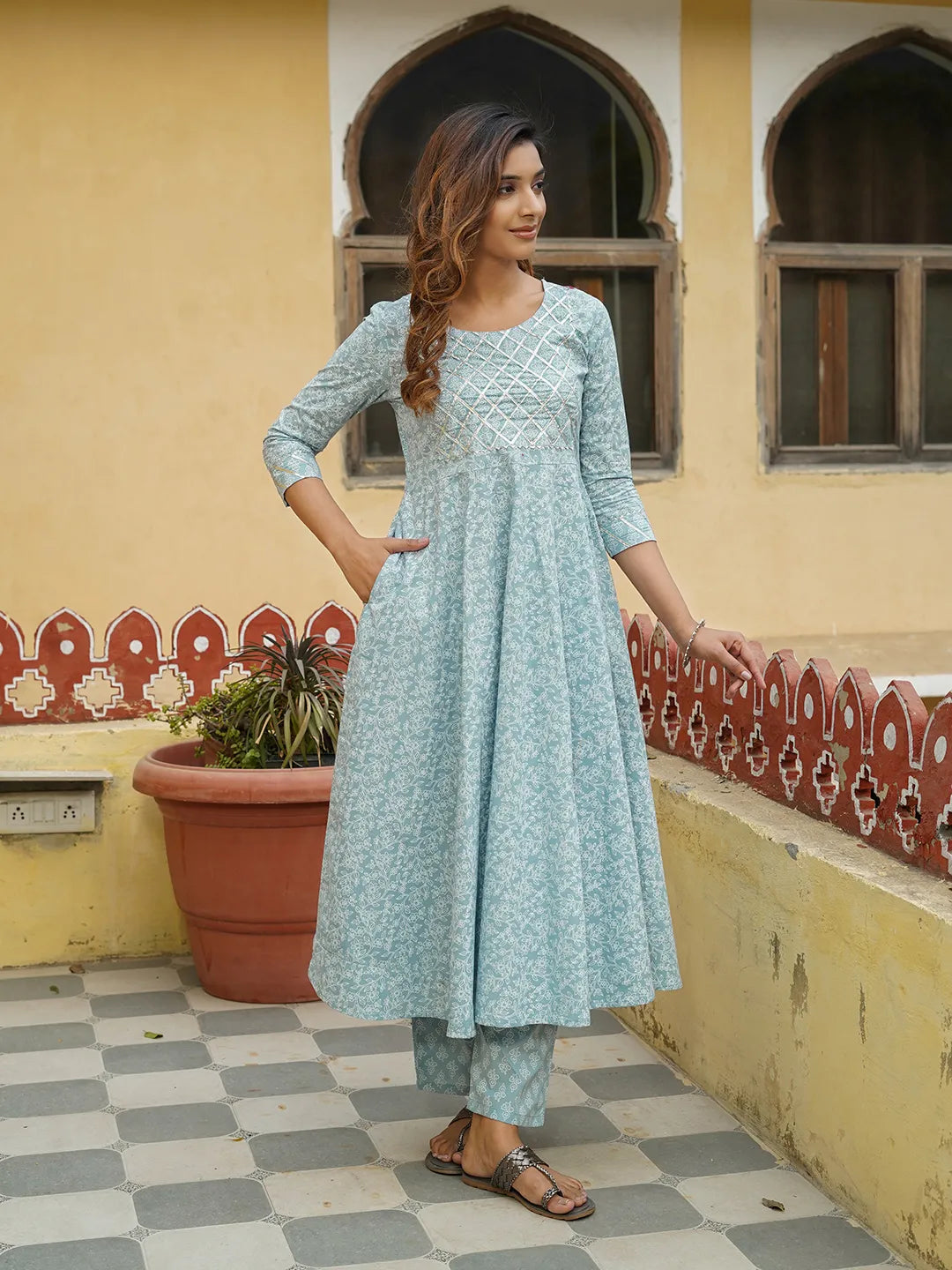 Women Light Blue Floral Anarkali Kurta Pant and Dupatta Set