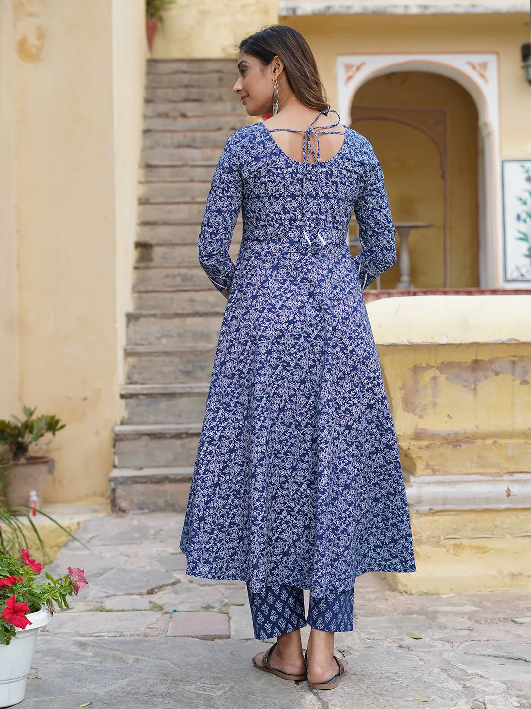 Women Blue Floral Anarkali Kurta Pant and Dupatta Set
