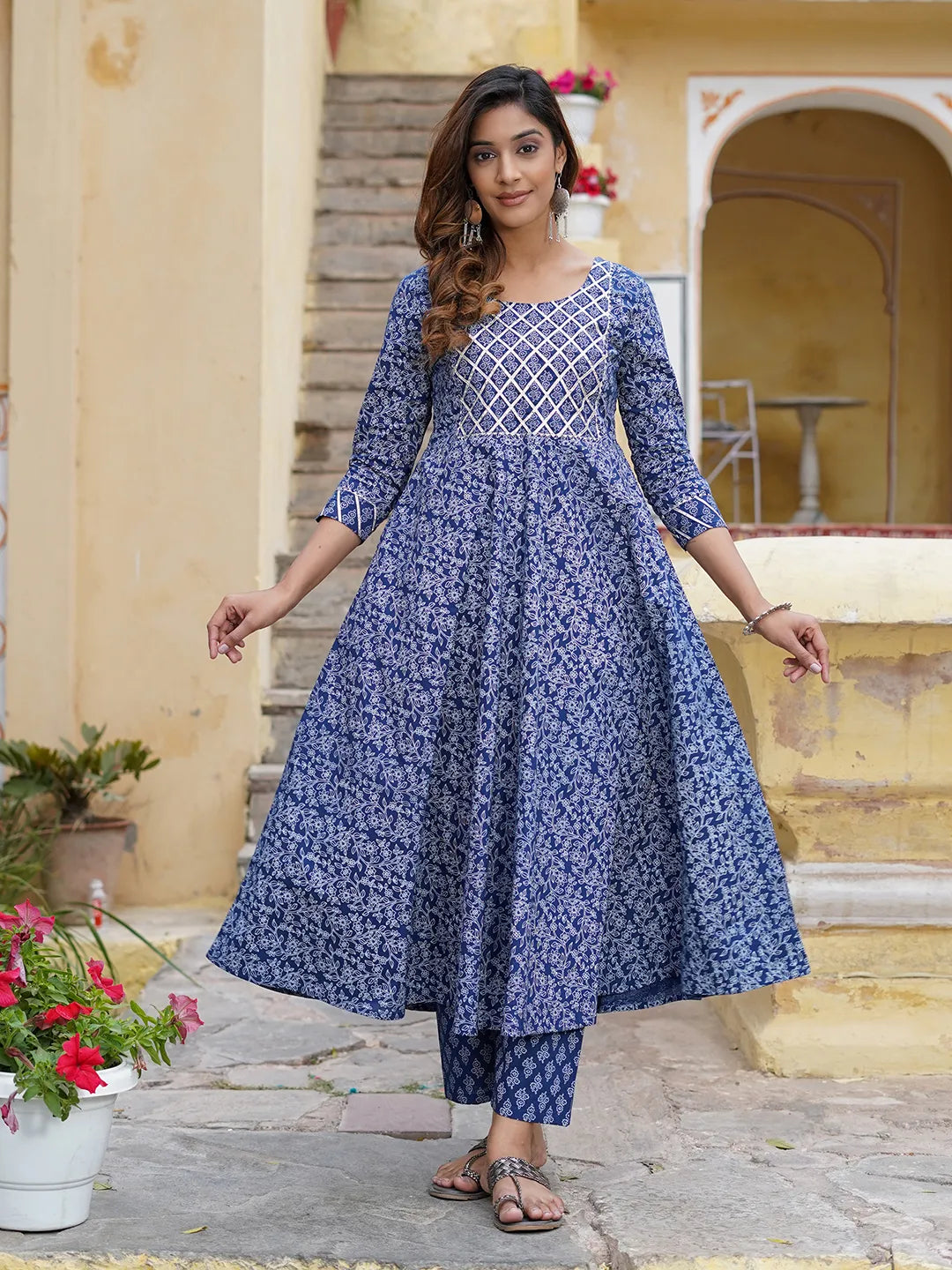 Women Blue Floral Anarkali Kurta Pant and Dupatta Set