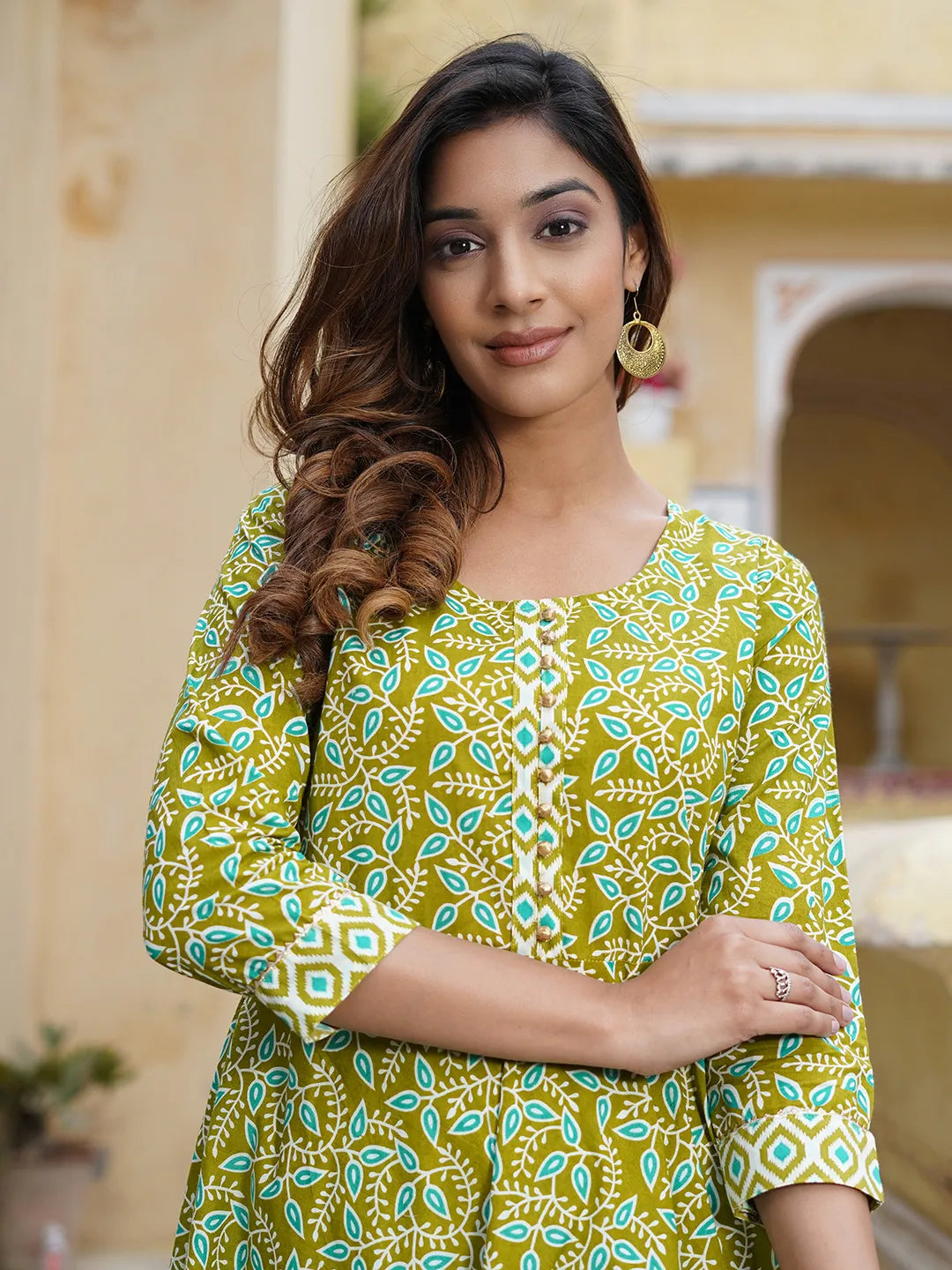 Women Green Foli Print Anarkali Kurta Pant and Dupatta Set