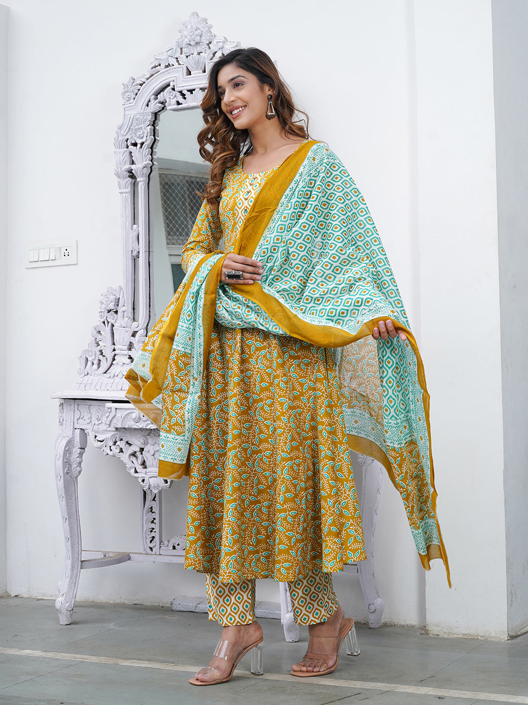 Women Mustard Foli Print Anarkali Kurta Pant and Dupatta Set