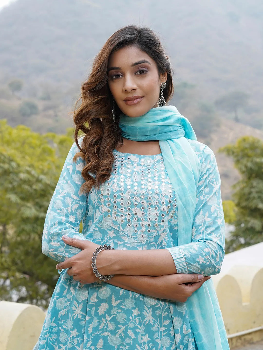 Women Blue Floral Anarkali Kurta Pant and Dupatta Set