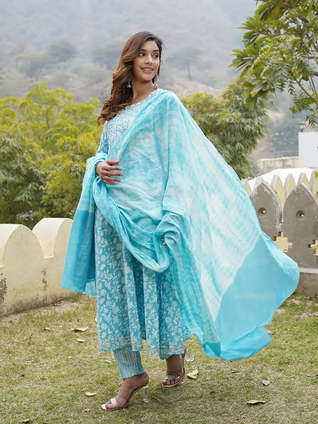 Women Blue Floral Anarkali Kurta Pant and Dupatta Set