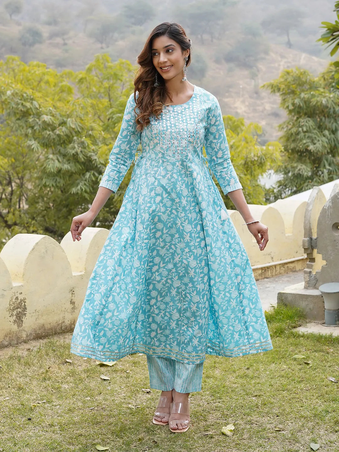 Women Blue Floral Anarkali Kurta Pant and Dupatta Set