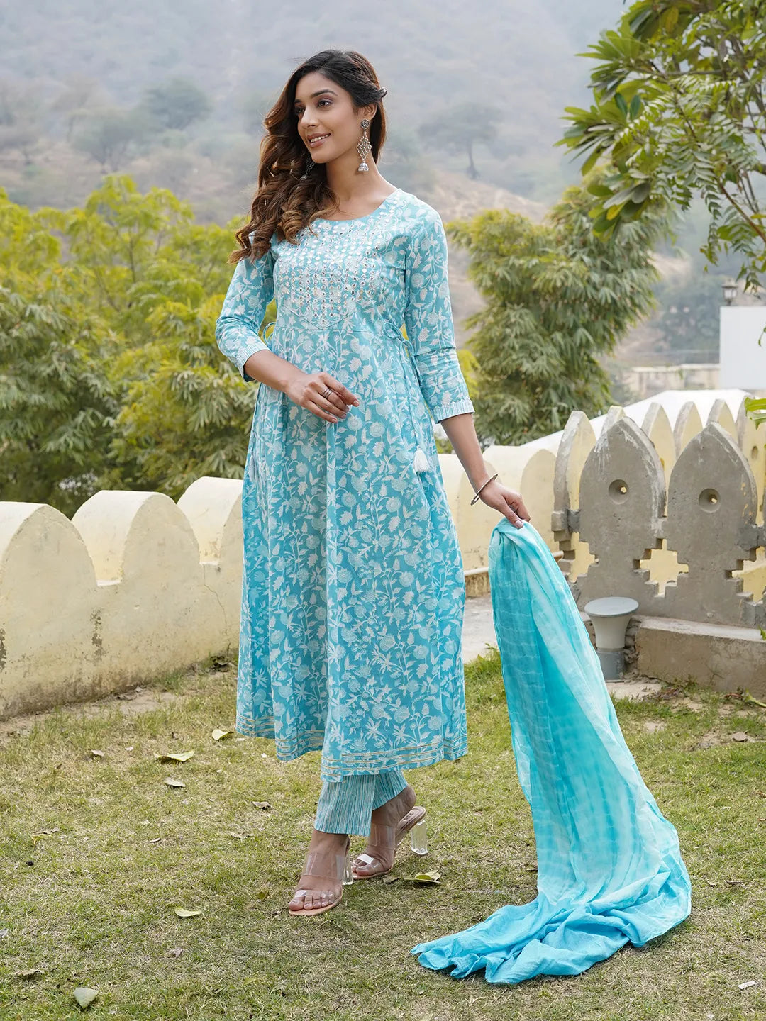 Women Blue Floral Anarkali Kurta Pant and Dupatta Set