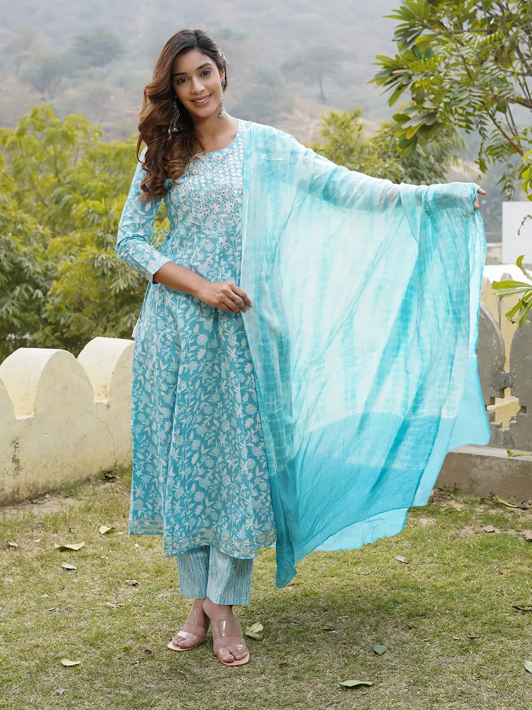 Women Blue Floral Anarkali Kurta Pant and Dupatta Set