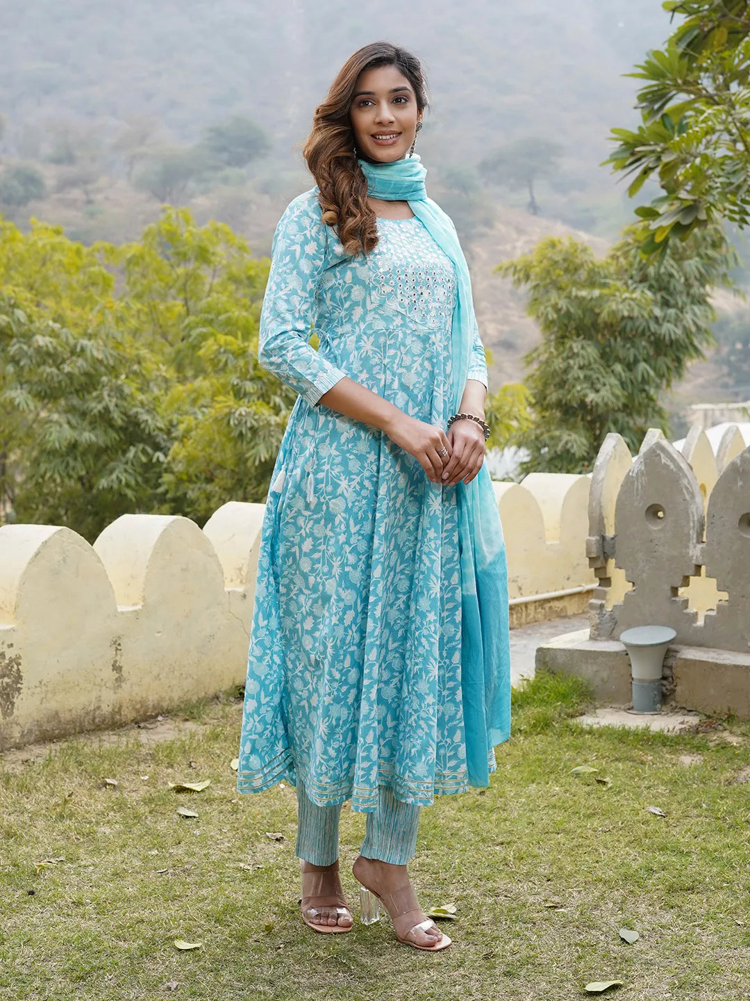 Women Blue Floral Anarkali Kurta Pant and Dupatta Set