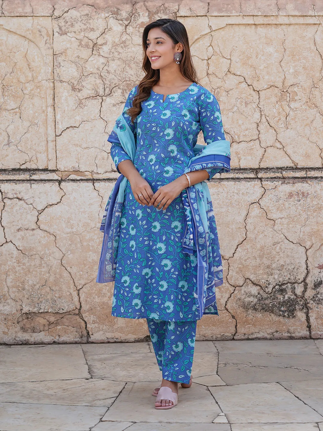 Blue Floral Printed Regular Pure Cotton Kurta with Trousers & Dupatta