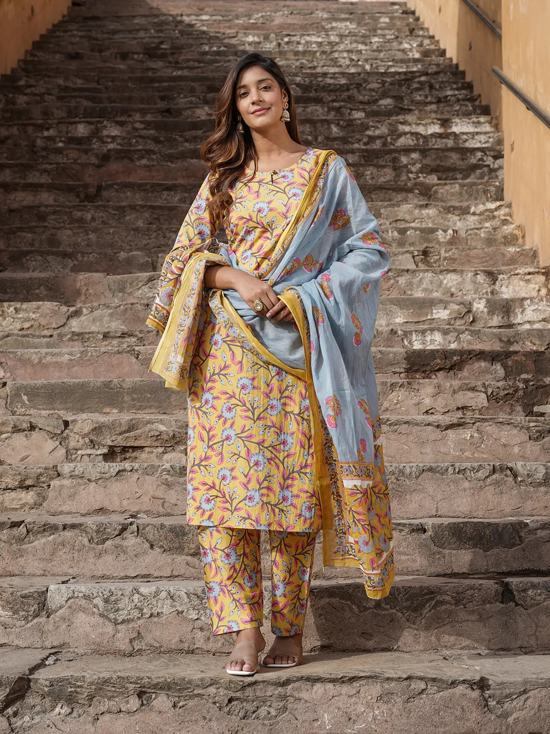 Women Yellow Floral Straight Kurta Pant and Dupatta Set