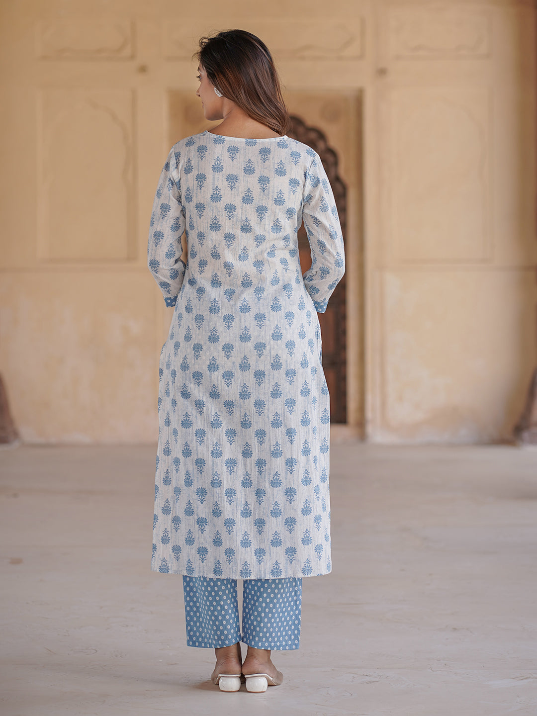 White And Blue Ethnic Motifs Printed Sequined Pure Cotton Kurta with Trousers & Dupatta