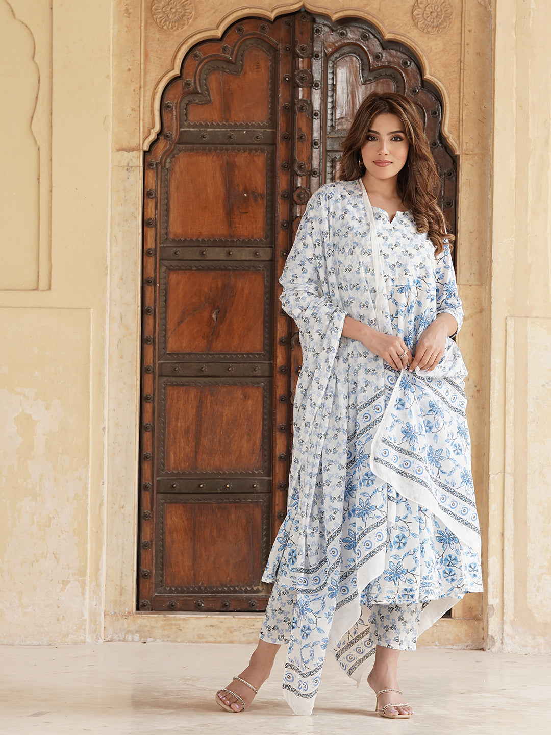 Blue and white Floral Printed Gotta Patti Pure Cotton Anarkali Kurta with Trousers & Dupatta