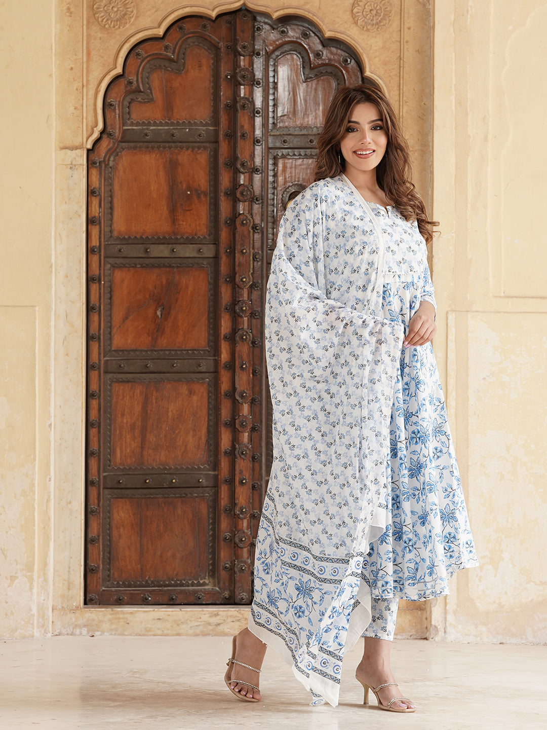 Blue and white Floral Printed Gotta Patti Pure Cotton Anarkali Kurta with Trousers & Dupatta