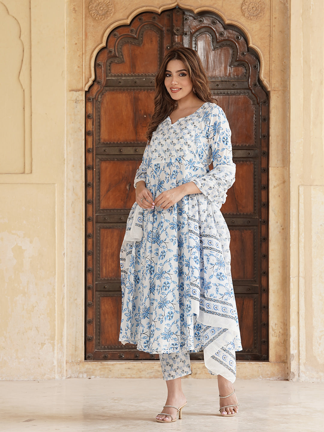Blue and white Floral Printed Gotta Patti Pure Cotton Anarkali Kurta with Trousers & Dupatta