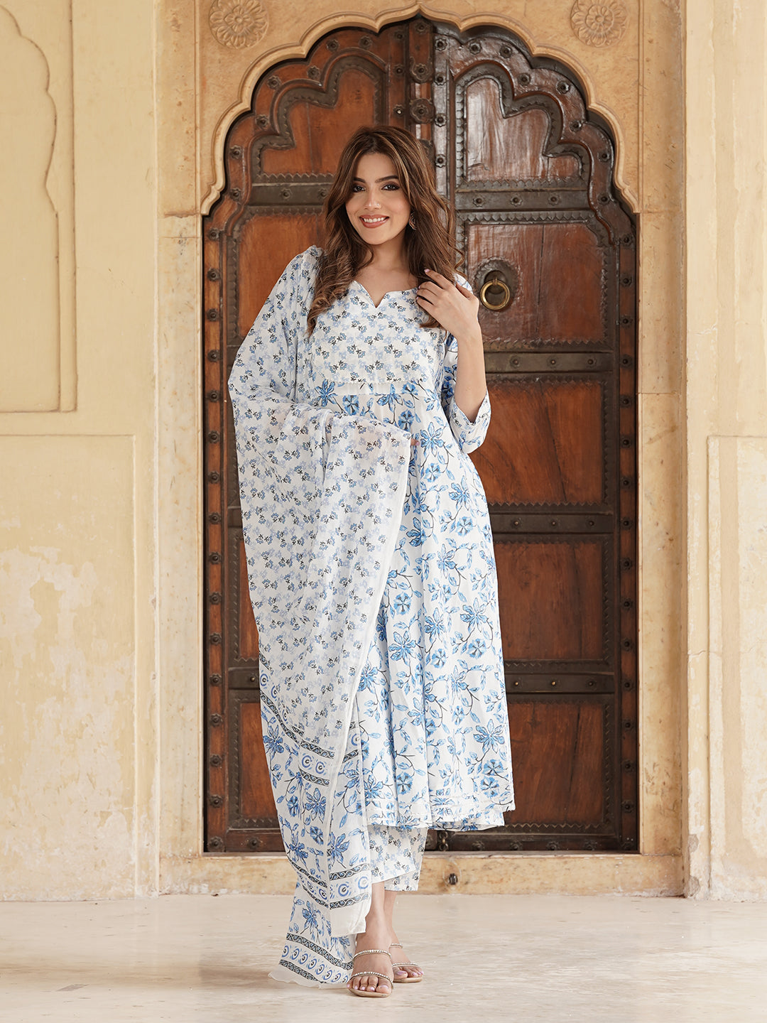 Blue and white Floral Printed Gotta Patti Pure Cotton Anarkali Kurta with Trousers & Dupatta