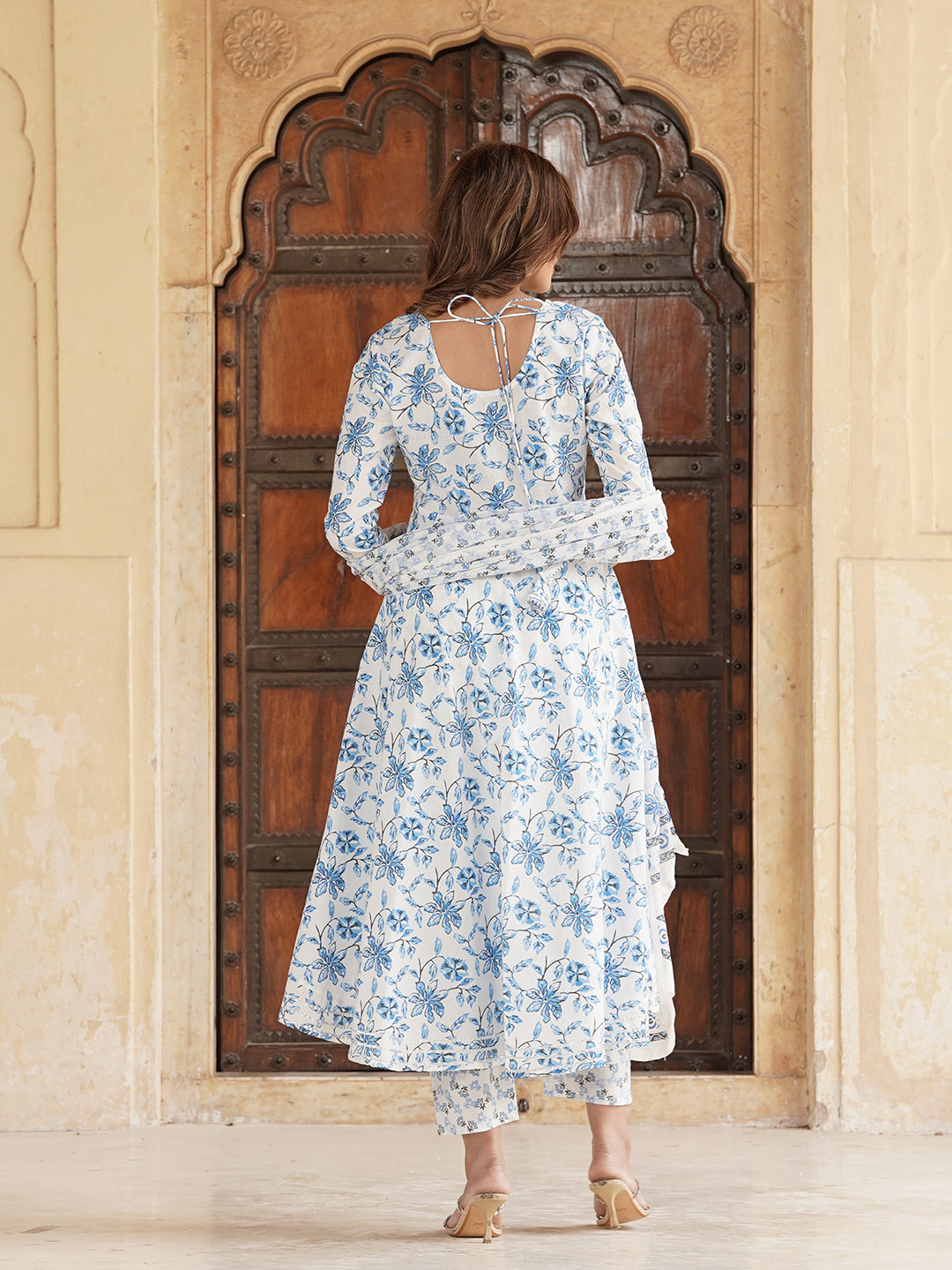 Blue and white Floral Printed Gotta Patti Pure Cotton Anarkali Kurta with Trousers & Dupatta