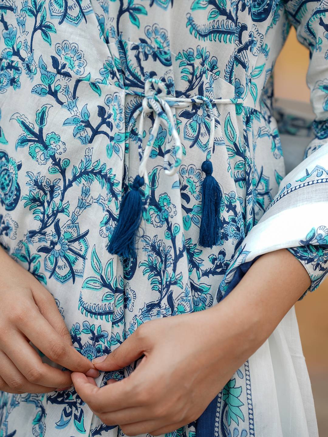 White Blue Floral Printed Angrakha style Pure Cotton Kurta With Trousers & Dupatta