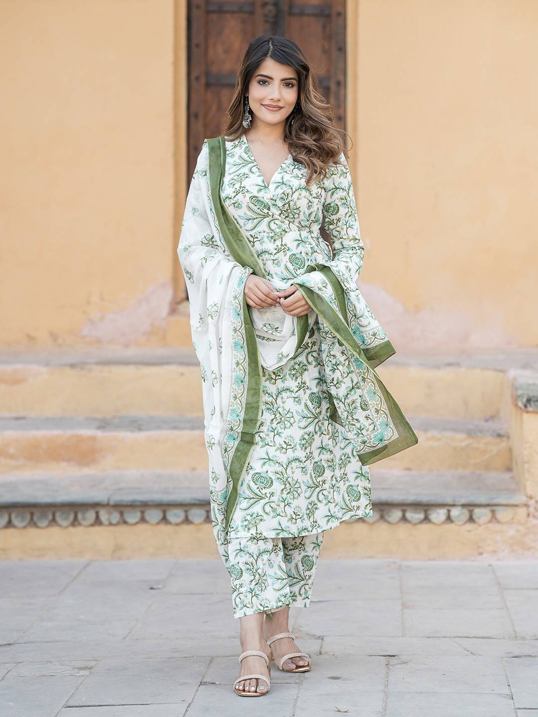 Women Green And White Angrakha Kurta Pant Dupatta Set