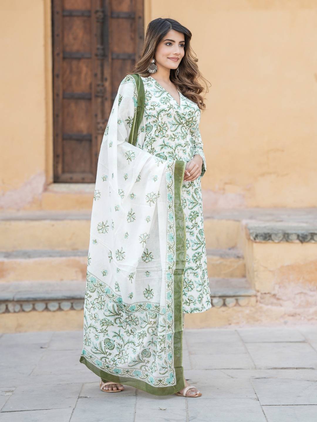 Women Green And White Angrakha Kurta Pant Dupatta Set
