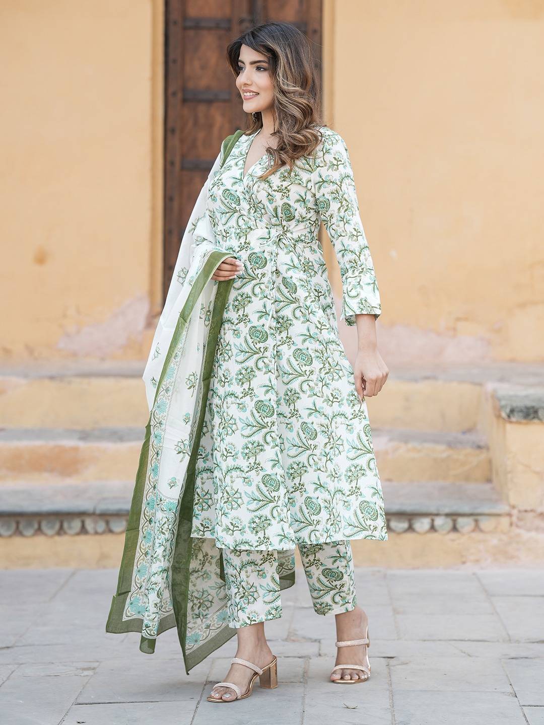 Women Green And White Angrakha Kurta Pant Dupatta Set