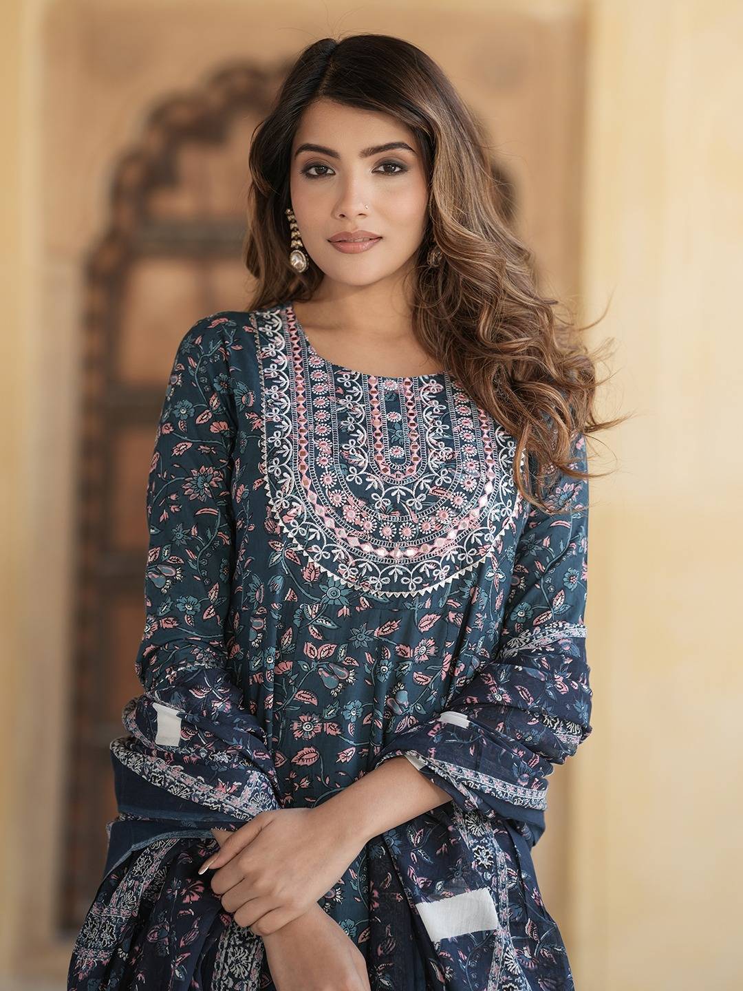 Women Blue Anarkali Kurta Pant Dupatta Set