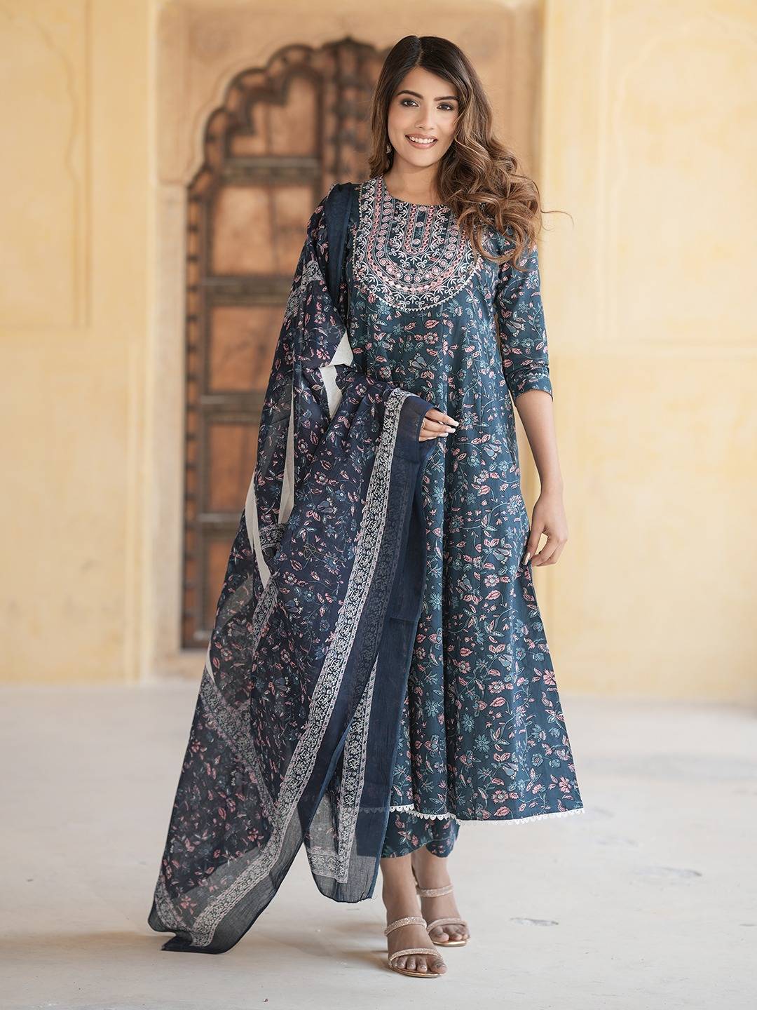 Women Blue Anarkali Kurta Pant Dupatta Set